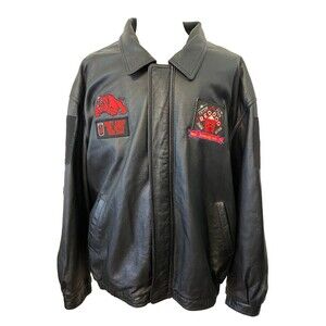 Vintage Red Dog Beer Black Leather Jacket Men's 4XL Port Authority Biker Bull